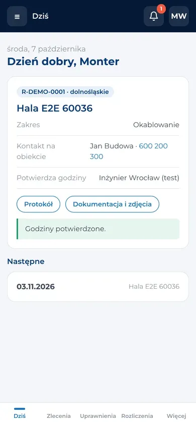 Ekran „Dziś” montera w aplikacji E-FIRE TECH: zlecenie, kontakt na obiekcie, potwierdzone godziny